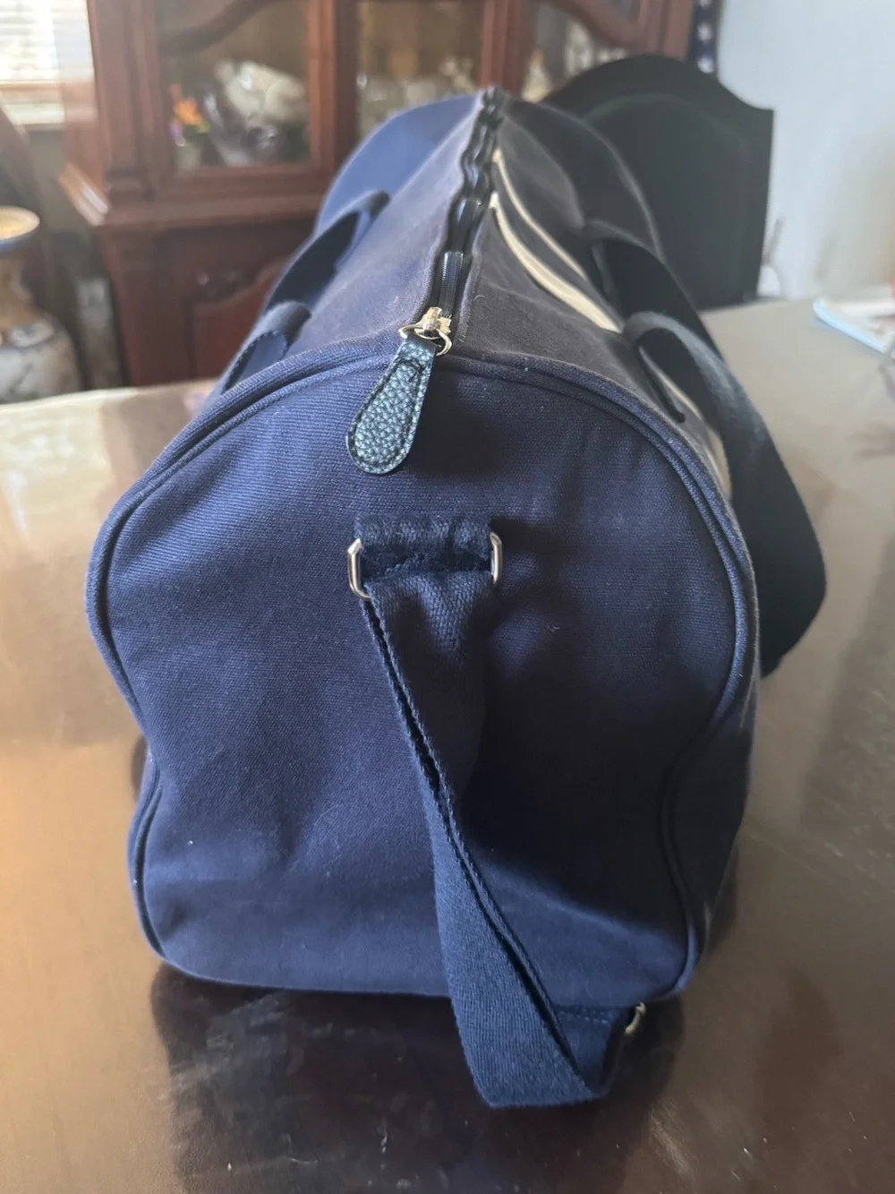 Ralph Lauren Navy Duffel with White Center Stripe and Polo Logo